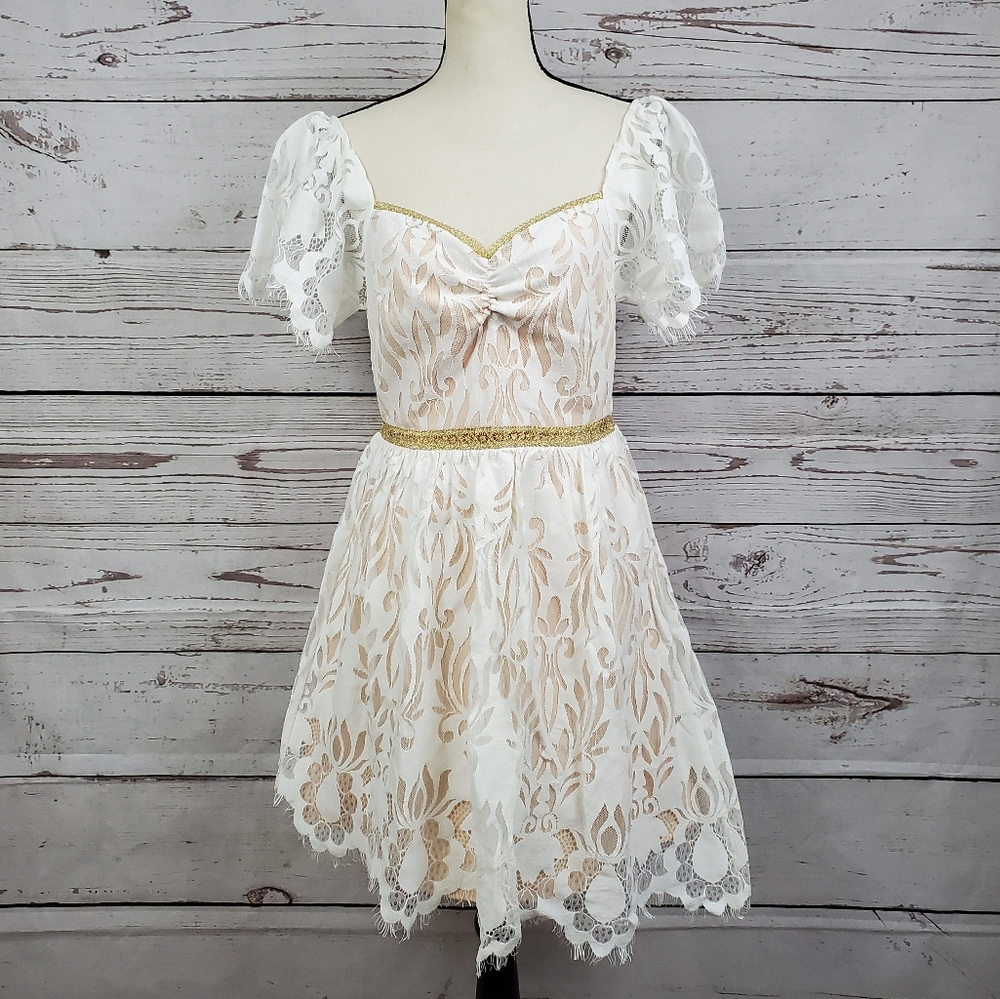 NWT Foxiedox white lace w/ gold trim dress